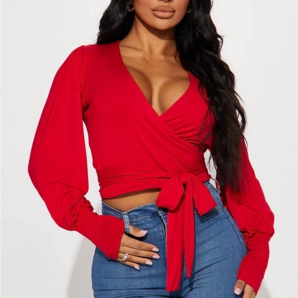 Fashion Nova Tops - Fashion Nova Bold Red Wrap Blouse Large